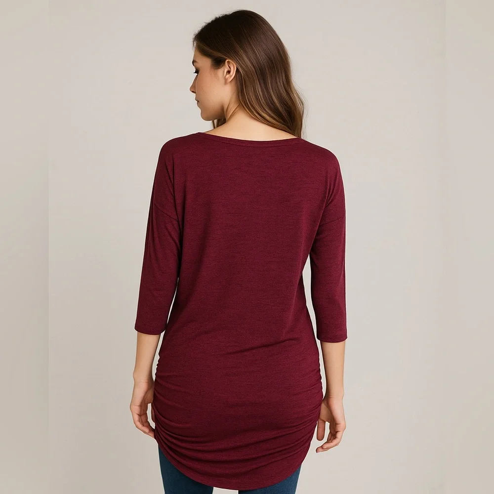 Express Burgundy Ruched Knit Top Stretch Jersey – Size Large - Picture 3 of 16